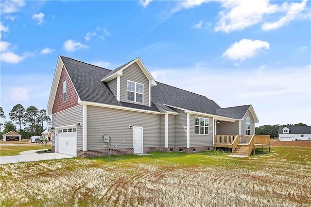 view of side of home with crawl space, driveway, a wooden deck, a garage, and a shingled roof