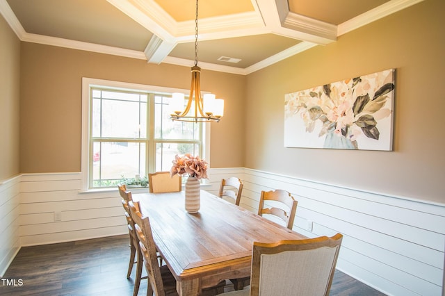 dining space featuring dark wood-type flooring, a wainscoted wall, visible vents, and a chandelier