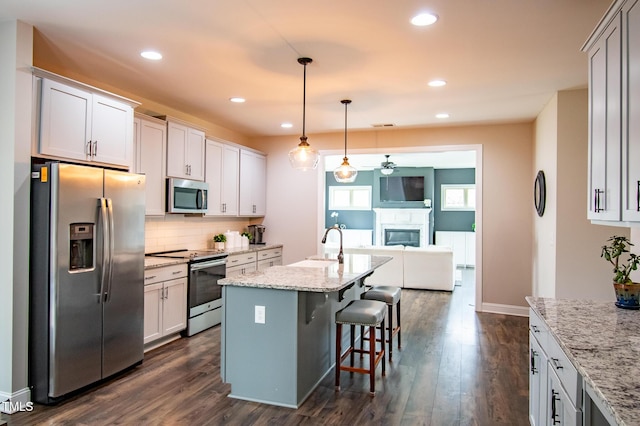 kitchen with tasteful backsplash, a glass covered fireplace, dark wood-style floors, appliances with stainless steel finishes, and open floor plan