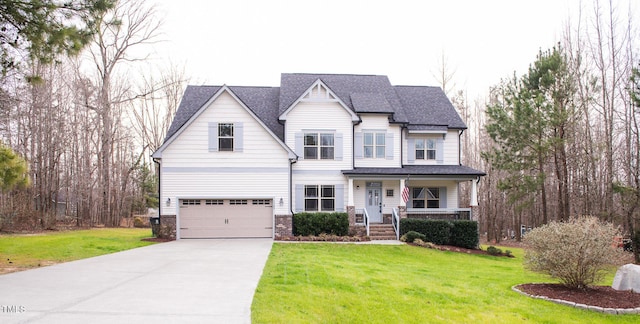 view of front of home featuring a shingled roof, concrete driveway, an attached garage, a front lawn, and a porch