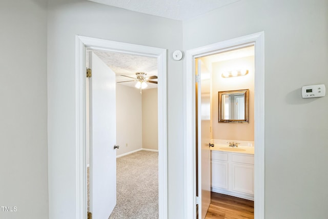 corridor with a sink, light carpet, baseboards, and a textured ceiling