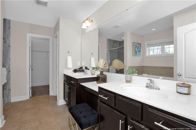 bathroom with vanity and plus walk in shower