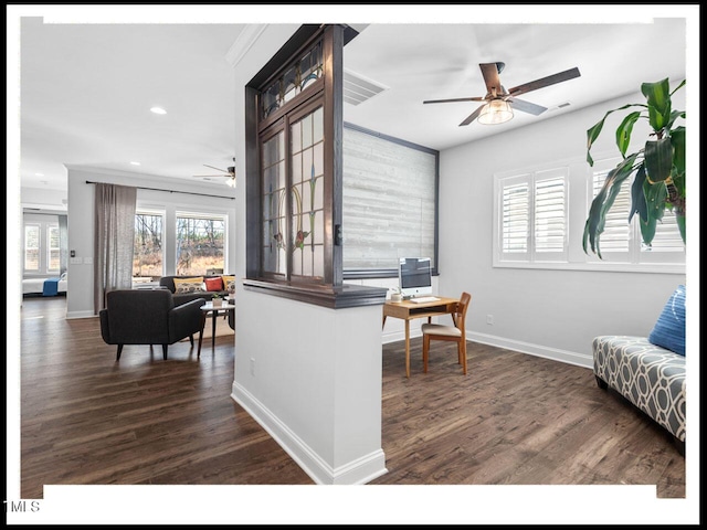 office with baseboards, wood finished floors, visible vents, and ceiling fan