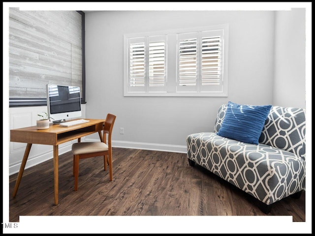 office space featuring a wealth of natural light, baseboards, and dark wood-style floors