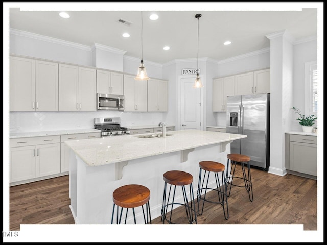 kitchen with visible vents, a sink, stainless steel appliances, and dark wood-style flooring