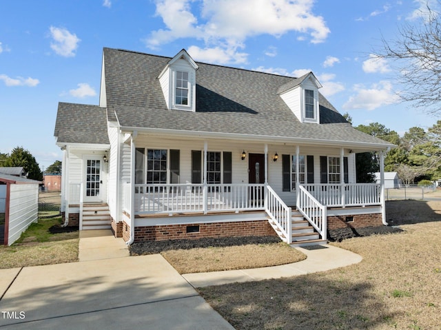 view of front of house featuring crawl space, covered porch, fence, and a shingled roof