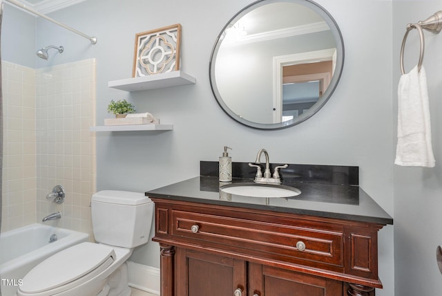 bathroom featuring crown molding, toilet, vanity, and shower / bathing tub combination