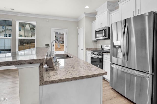 kitchen featuring white cabinetry, stainless steel appliances, a kitchen island with sink, and sink