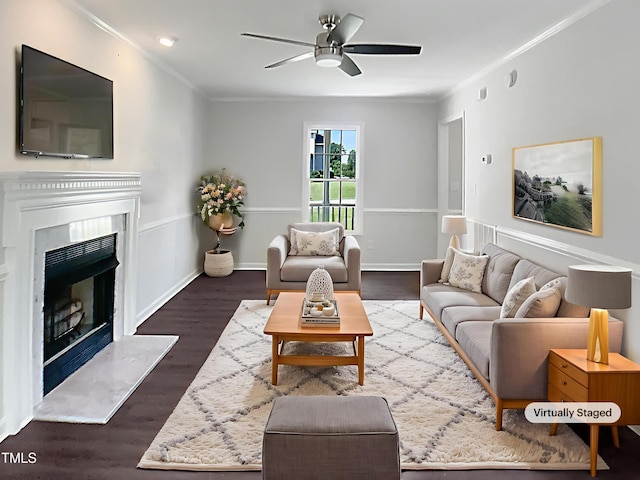 1599 Rogers Pointe Ln, Creedmoor, NC 27522 - living area featuring ceiling fan, crown molding, wood finished floors, and a fireplace