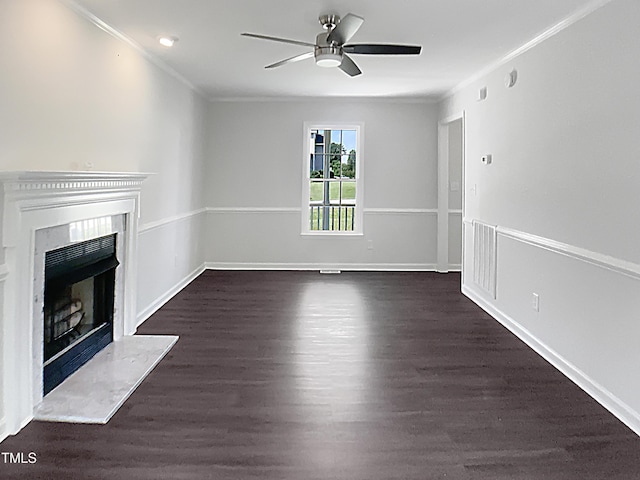 1599 Rogers Pointe Ln, Creedmoor, NC 27522 - unfurnished living room with a ceiling fan, a fireplace with raised hearth, ornamental molding, and wood finished floors