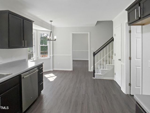 1599 Rogers Pointe Ln, Creedmoor, NC 27522 - kitchen featuring stainless steel dishwasher, dark wood finished floors, light countertops, and a chandelier
