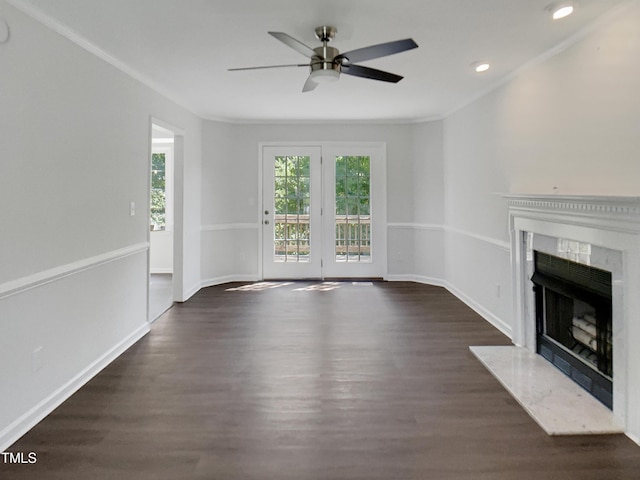1599 Rogers Pointe Ln, Creedmoor, NC 27522 - unfurnished living room with a ceiling fan, a premium fireplace, dark wood-type flooring, and recessed lighting