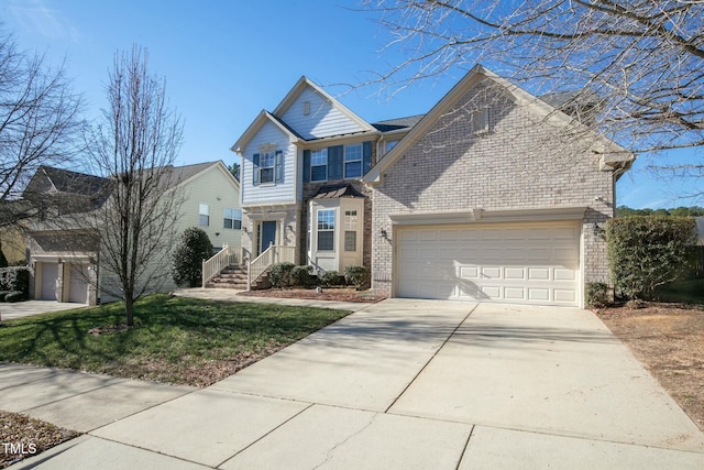 traditional-style home featuring concrete driveway, brick siding, and an attached garage