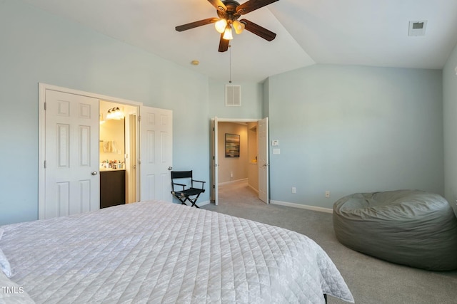 bedroom featuring carpet floors, visible vents, vaulted ceiling, and baseboards