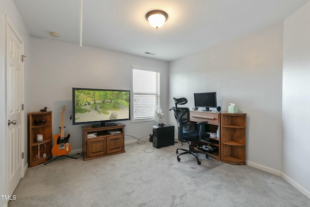 office area featuring carpet floors, visible vents, and baseboards