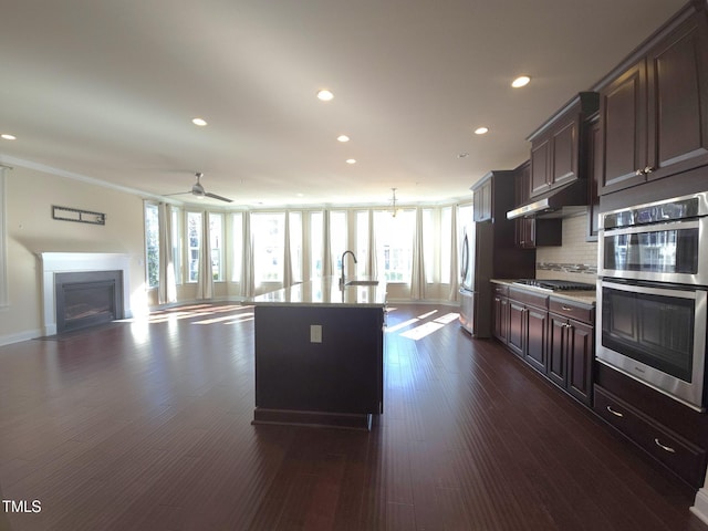 kitchen featuring stainless steel appliances, tasteful backsplash, a kitchen island with sink, and dark brown cabinetry