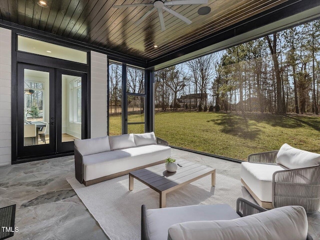 view of patio with an outdoor hangout area, a ceiling fan, and french doors