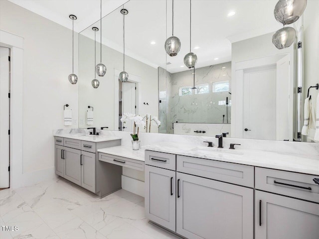 bathroom featuring a marble finish shower, baseboards, marble finish floor, vanity, and recessed lighting