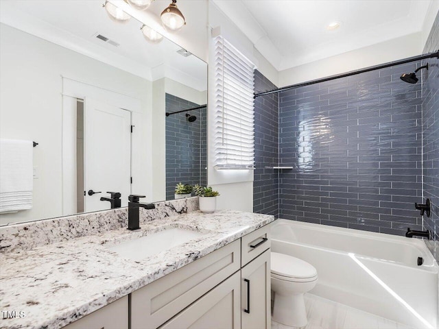 bathroom with toilet, shower / bathing tub combination, vanity, and visible vents