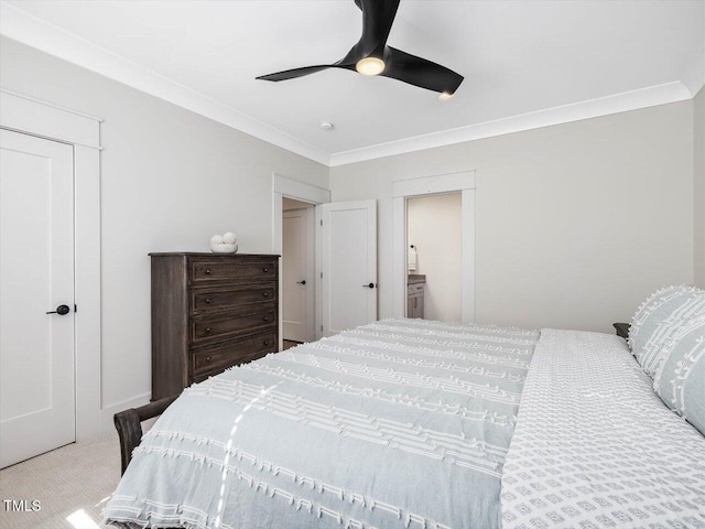 bedroom featuring light carpet, a ceiling fan, and crown molding