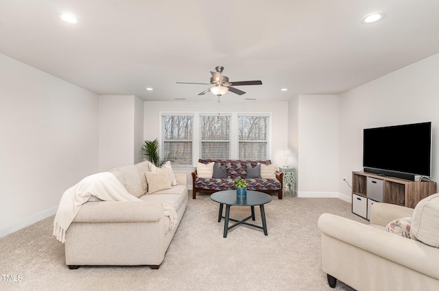 349 Shadow Falls Dr, Wendell, NC 27591 - living area with light colored carpet, baseboards, recessed lighting, and a ceiling fan