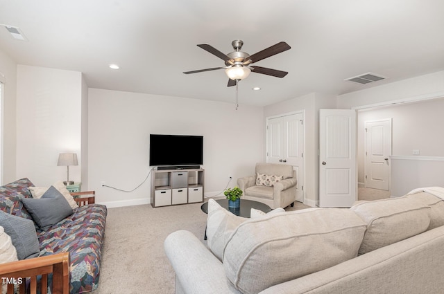 349 Shadow Falls Dr, Wendell, NC 27591 - living area featuring ceiling fan, light carpet, baseboards, and recessed lighting