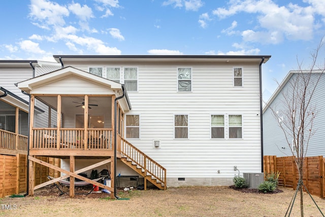 349 Shadow Falls Dr, Wendell, NC 27591 - back of house featuring a sunroom, stairway, crawl space, ceiling fan, and fence