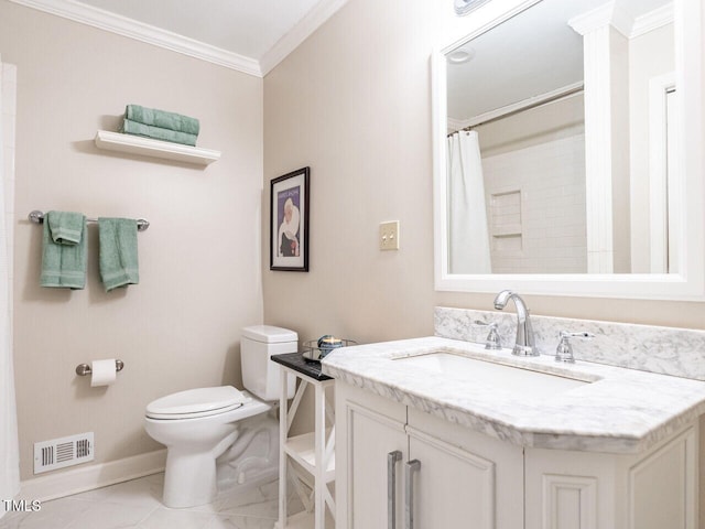 bathroom featuring curtained shower, visible vents, toilet, ornamental molding, and vanity