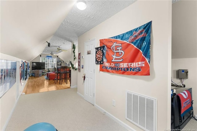 hall with lofted ceiling, carpet flooring, and a textured ceiling