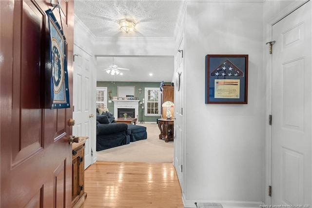 entrance foyer with ceiling fan, ornamental molding, a textured ceiling, and light hardwood / wood-style flooring