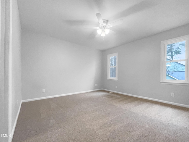 empty room featuring ceiling fan and carpet