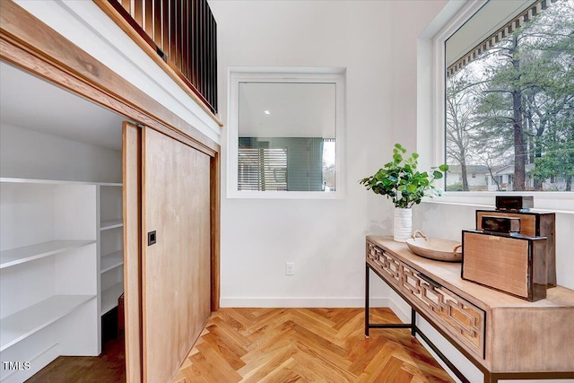 interior space featuring light parquet flooring