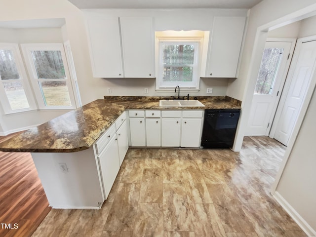 kitchen featuring sink, dark stone countertops, black dishwasher, kitchen peninsula, and white cabinets