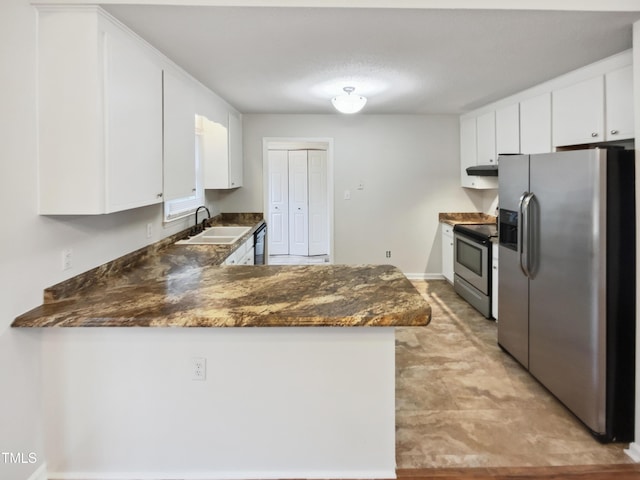 kitchen with stainless steel appliances, sink, white cabinets, and kitchen peninsula