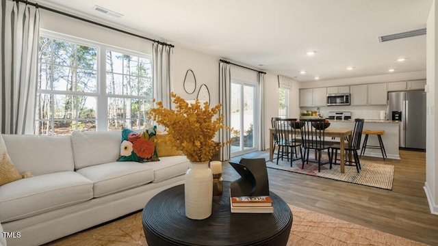 living room with plenty of natural light and light wood-type flooring