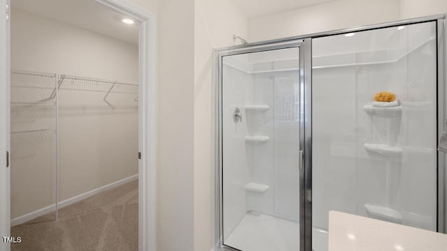 bathroom with a shower with shower door