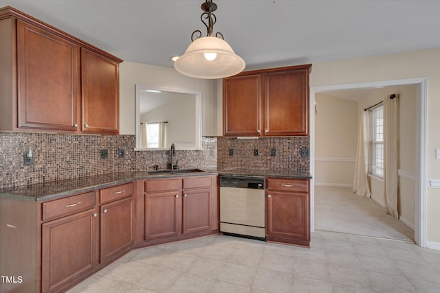 kitchen with sink, dark stone countertops, decorative backsplash, decorative light fixtures, and stainless steel dishwasher