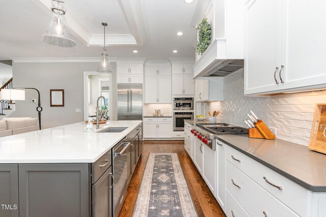 kitchen with gray cabinets, a sink, premium range hood, stainless steel appliances, and recessed lighting
