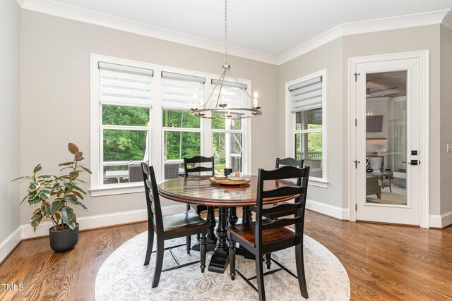 dining area featuring baseboards, an inviting chandelier, a healthy amount of sunlight, and wood finished floors