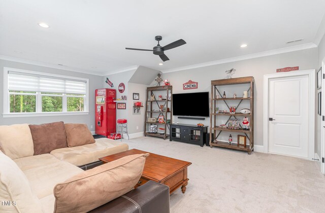 living room featuring crown molding, ceiling fan, carpet flooring, and recessed lighting