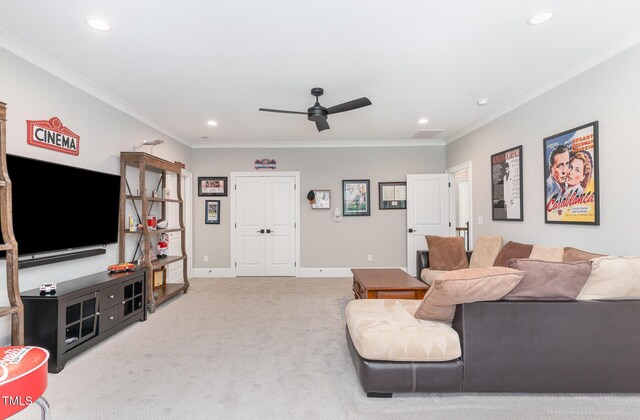 living room with recessed lighting, ceiling fan, and ornamental molding