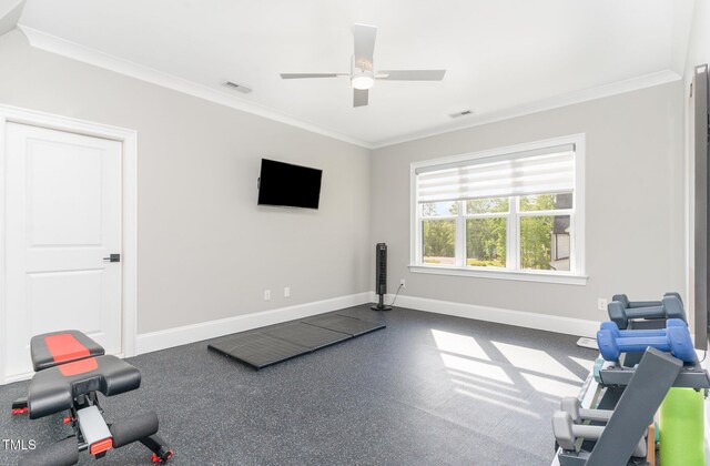workout area featuring baseboards, ornamental molding, ceiling fan, and visible vents