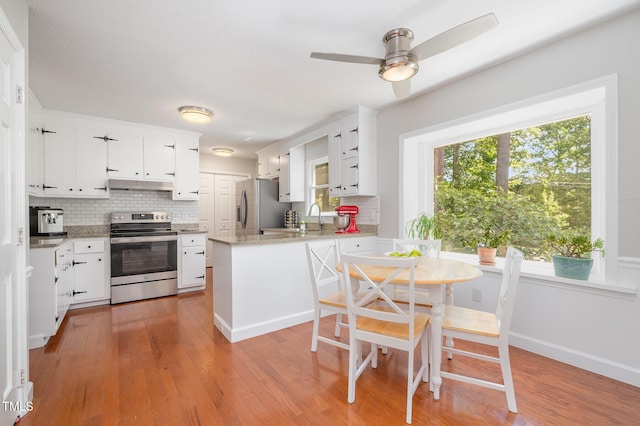 kitchen with decorative backsplash, appliances with stainless steel finishes, white cabinets, a peninsula, and under cabinet range hood