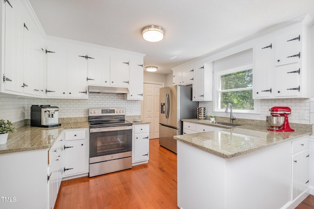 kitchen with a sink, appliances with stainless steel finishes, a peninsula, and light wood-style flooring