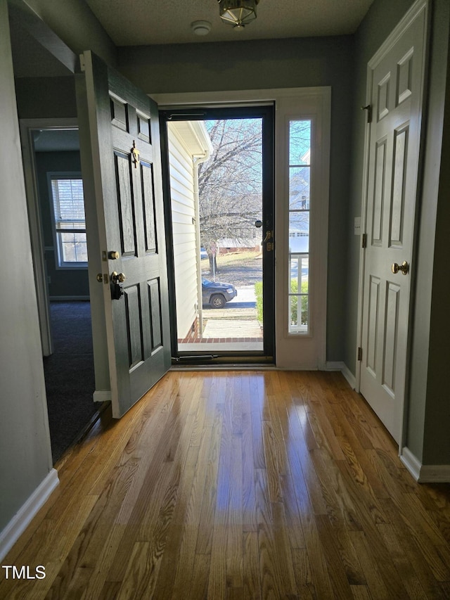 doorway featuring baseboards and wood finished floors