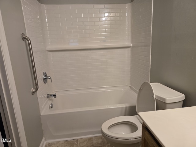 full bathroom with bathing tub / shower combination, vanity, toilet, and tile patterned floors