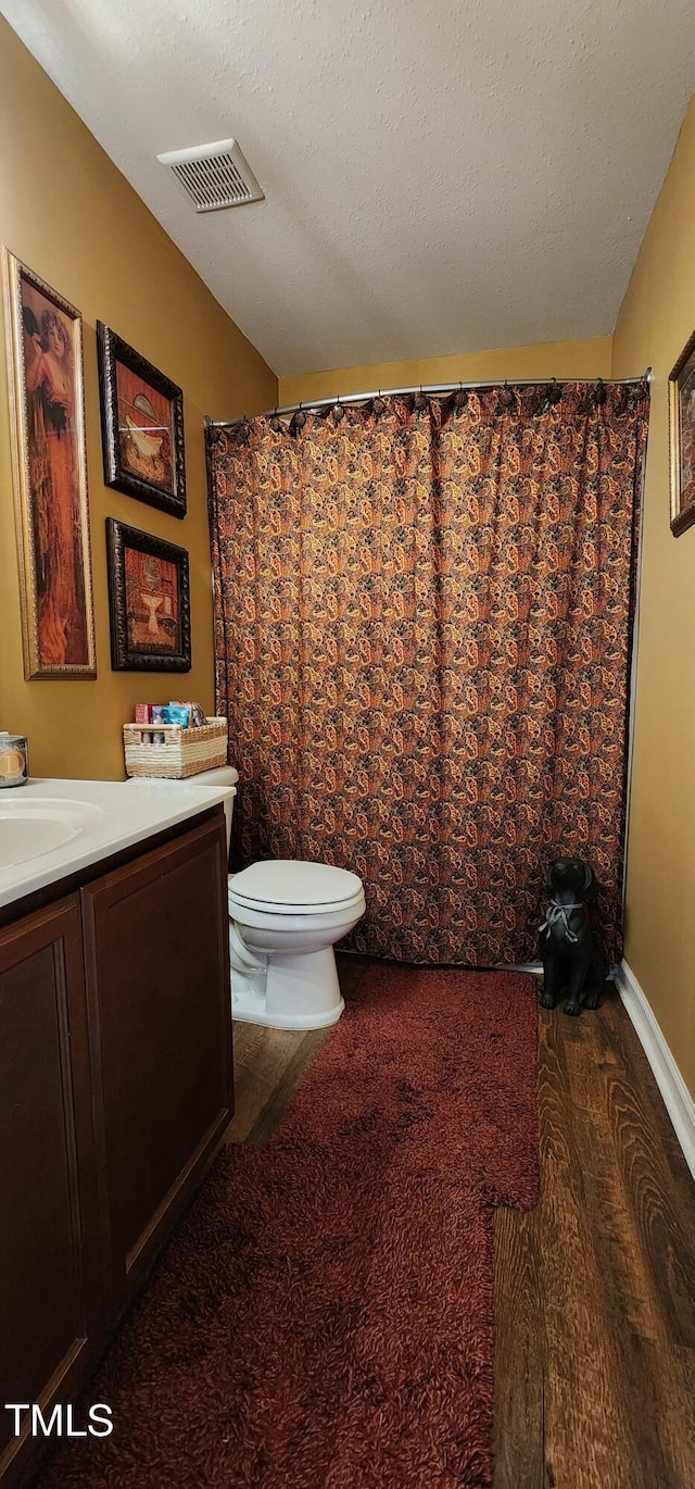 bathroom featuring vanity, toilet, hardwood / wood-style floors, and a textured ceiling