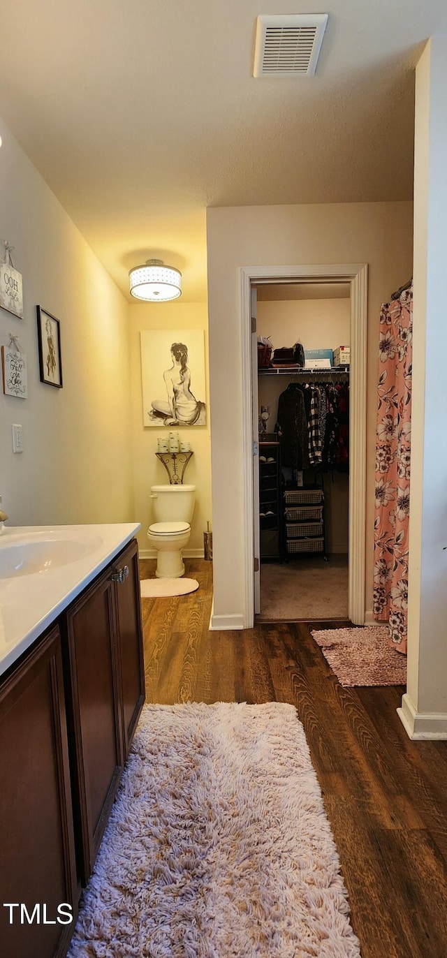 bathroom with vanity, wood-type flooring, and toilet