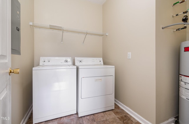 laundry room featuring electric panel, water heater, and washing machine and clothes dryer