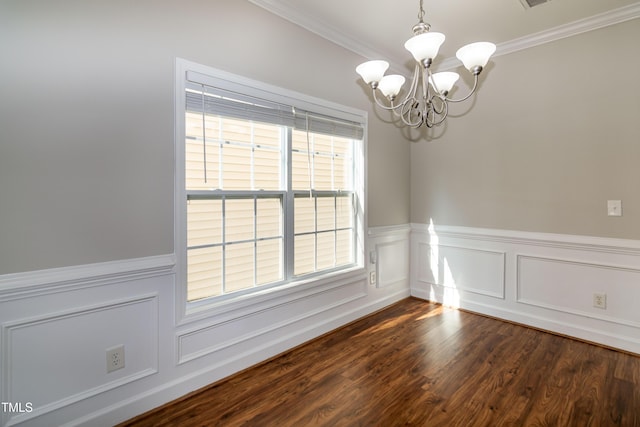 104 Mainline Station Dr, Durham, NC 27560 - spare room featuring a chandelier, crown molding, a wainscoted wall, and dark wood finished floors